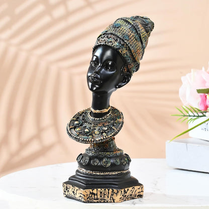 African Lady Statue with Pot|Graceful and Cultural Home Décor (Pack of 1, Black, Green & Golden, Model 1)