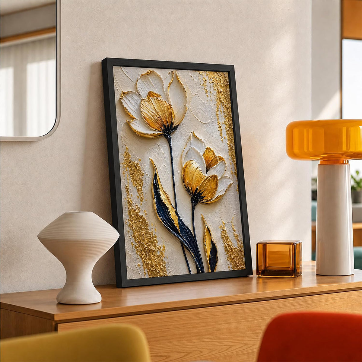 White Gold Flowers Framed Wall Art, Black, 10x13 Inches