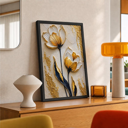 White Gold Flowers Framed Wall Art, Black, 10x13 Inches