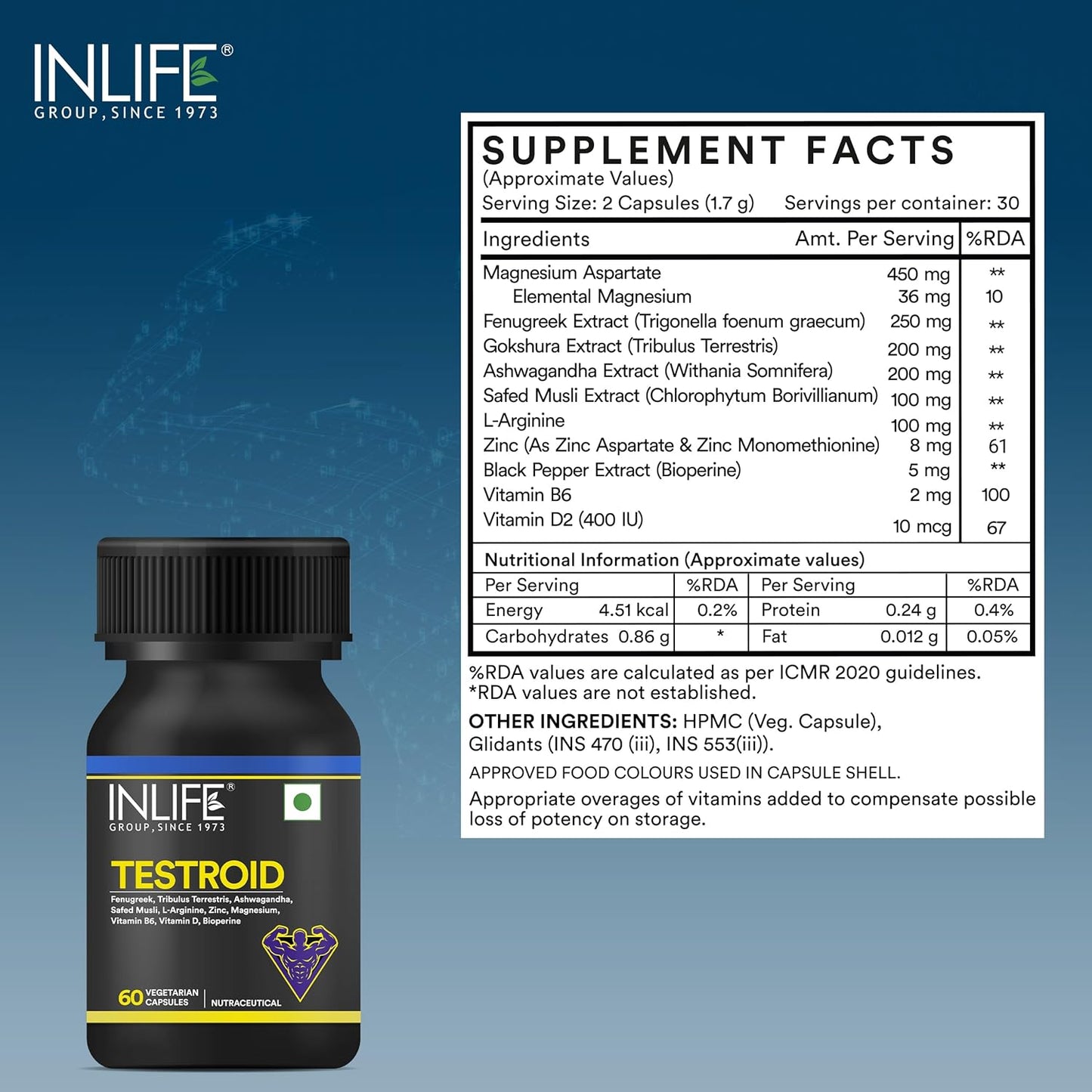 INLIFE Testroid Testosterone Support Supplement for Men | Tribulus, Ashwagandha, Safed Musli for Energy, Strength, Stamina & Overall Wellness - 60 Vegetarian Capsules