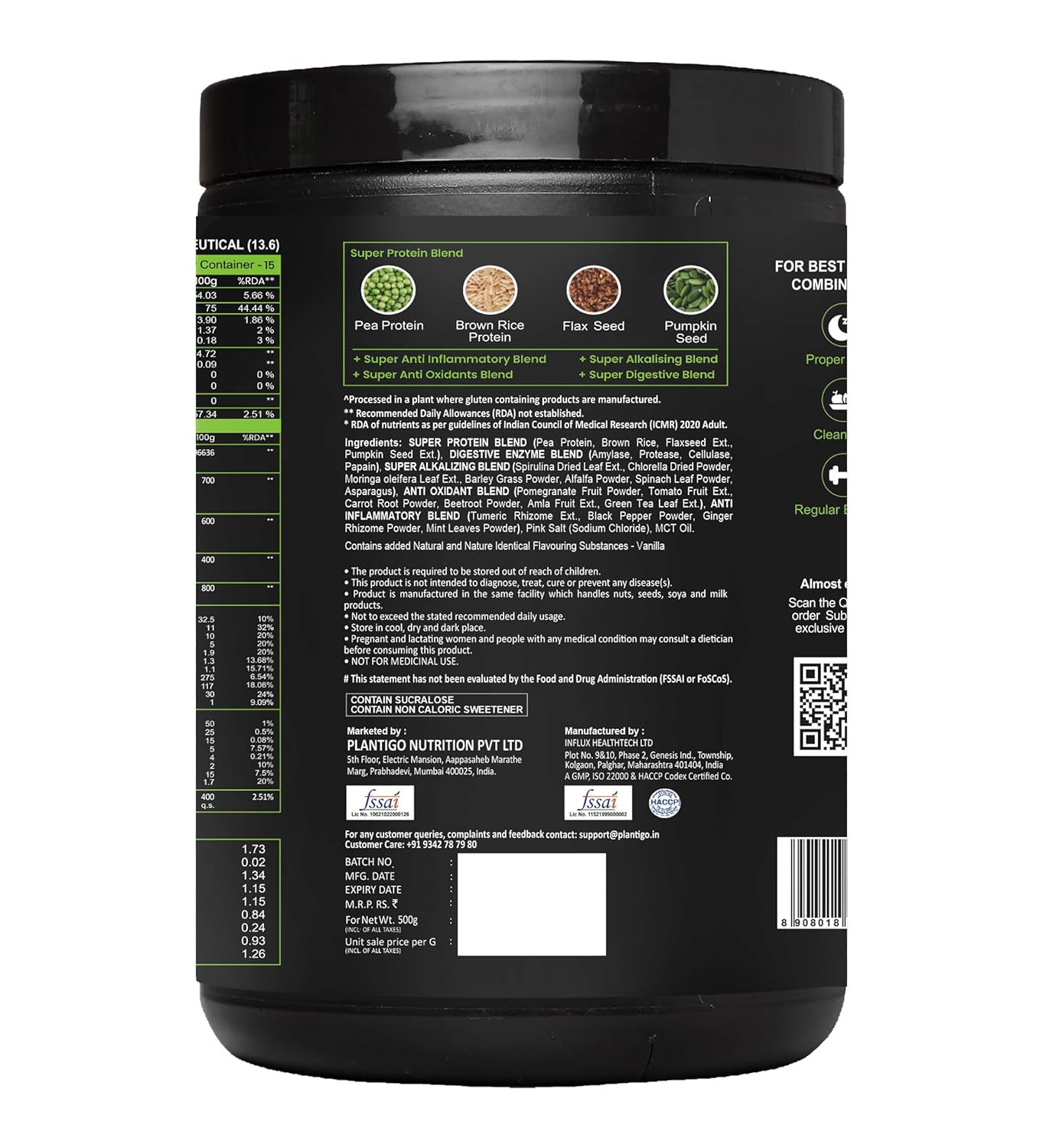 Plantigo Protein Powder 24g Plant Based Protein, 3g BCAA, 2g Leucine, 3g Fiber, 4x Fast Digestion, 95% Bioavailability, 3x Anti Oxidants, Anti Inflammatory, Vitamins, Minerals - Vanilla Flavored 500g