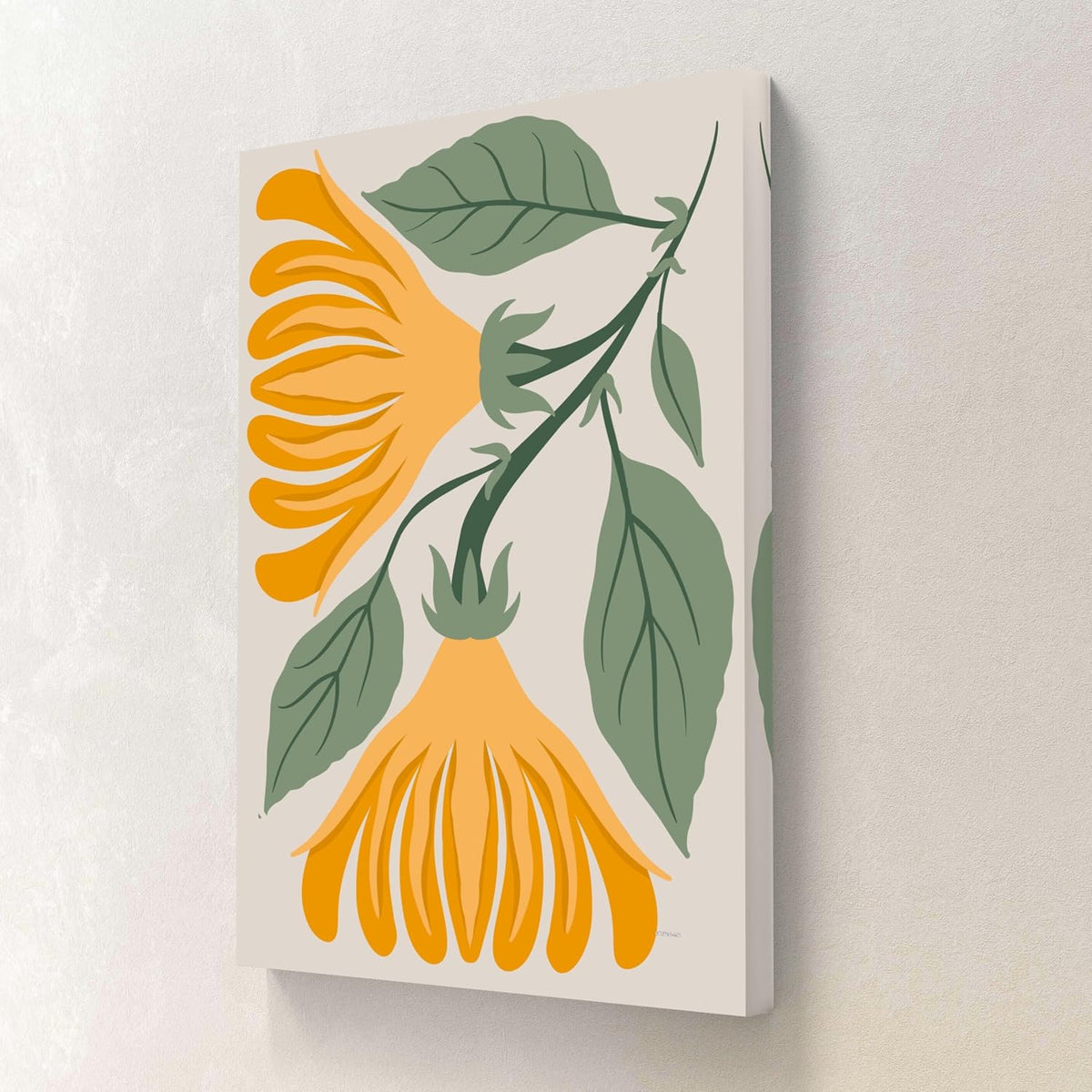 Abstract Yellow Floral Canvas Wall Art | Bold Modern Botanical Painting with Green Leaves | Ready to Hang Nature-Inspired Artwork for Living Room, Office & Bedroom (18 x 24 Inch) CVD-446