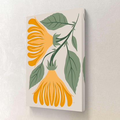 Abstract Yellow Floral Canvas Wall Art | Bold Modern Botanical Painting with Green Leaves | Ready to Hang Nature-Inspired Artwork for Living Room, Office & Bedroom (18 x 24 Inch) CVD-446