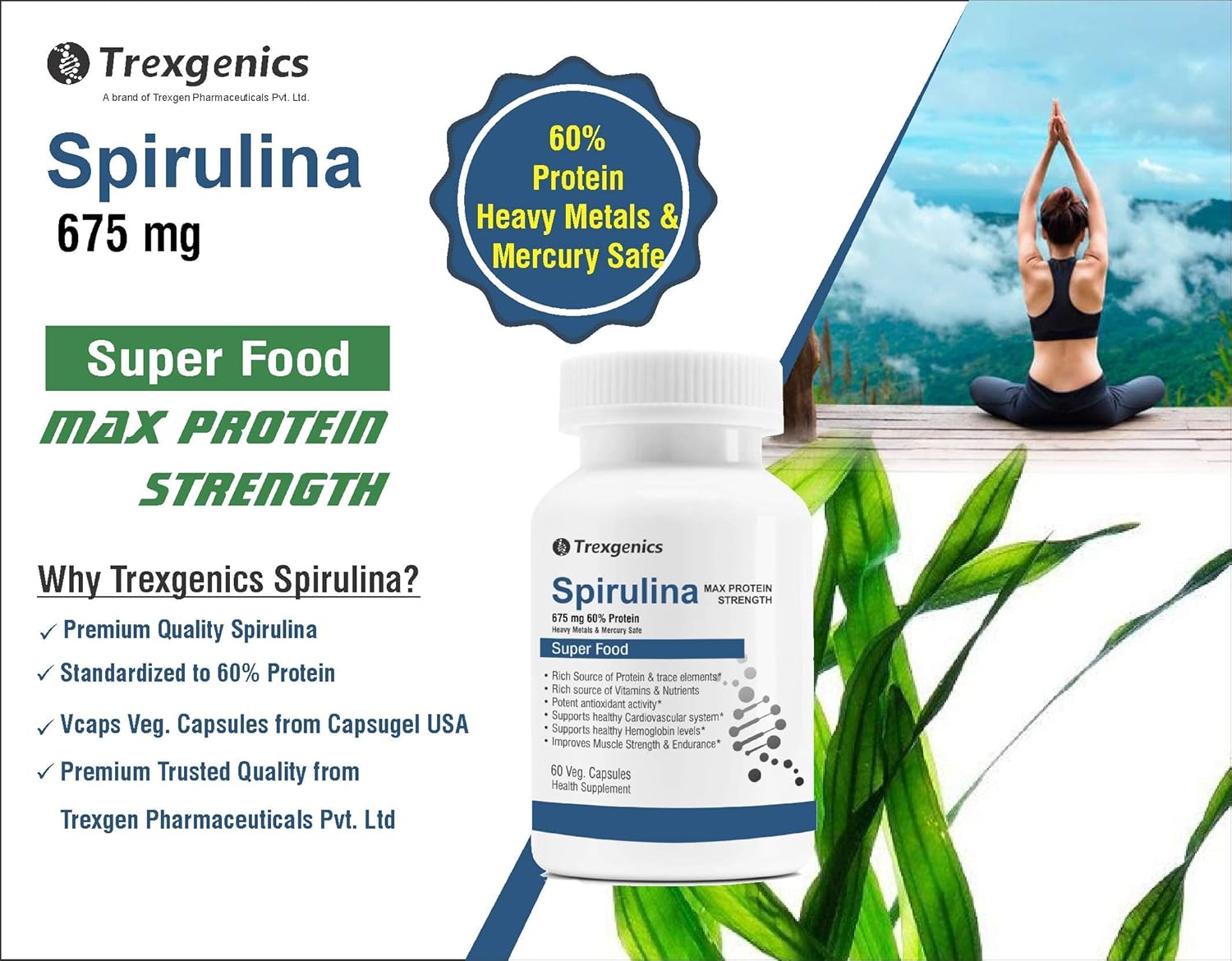 Trexegenics Spirulina supplement bottle with promotional text and a scenic background