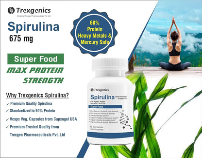 Trexegenics Spirulina supplement bottle with promotional text and a scenic background