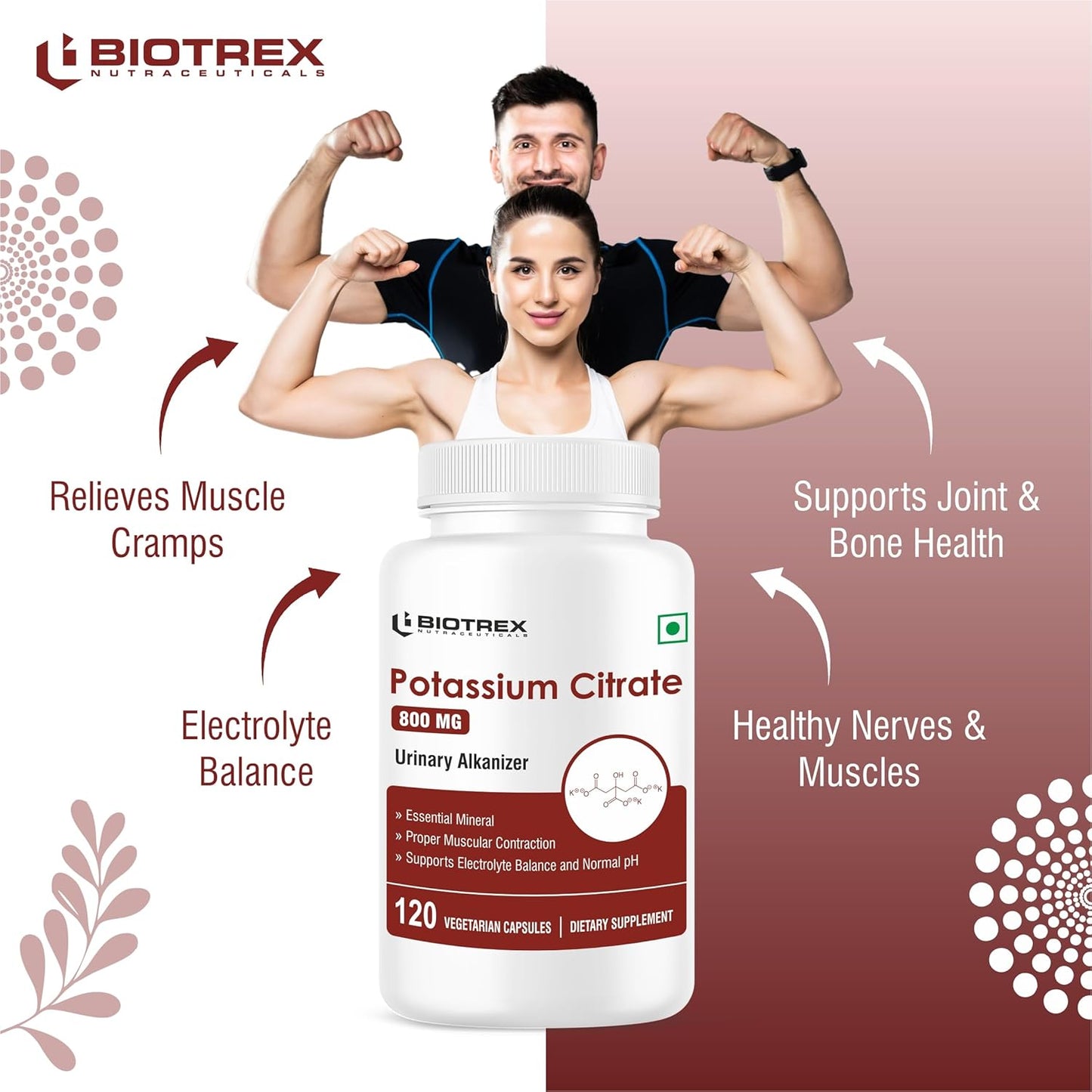 Biotrex Nutraceuticals Potassium Citrate 800mg supplement, Healthy Bone & Joint Health, Supports Healthy Nerve Health - 120 Vegetarian Capsules