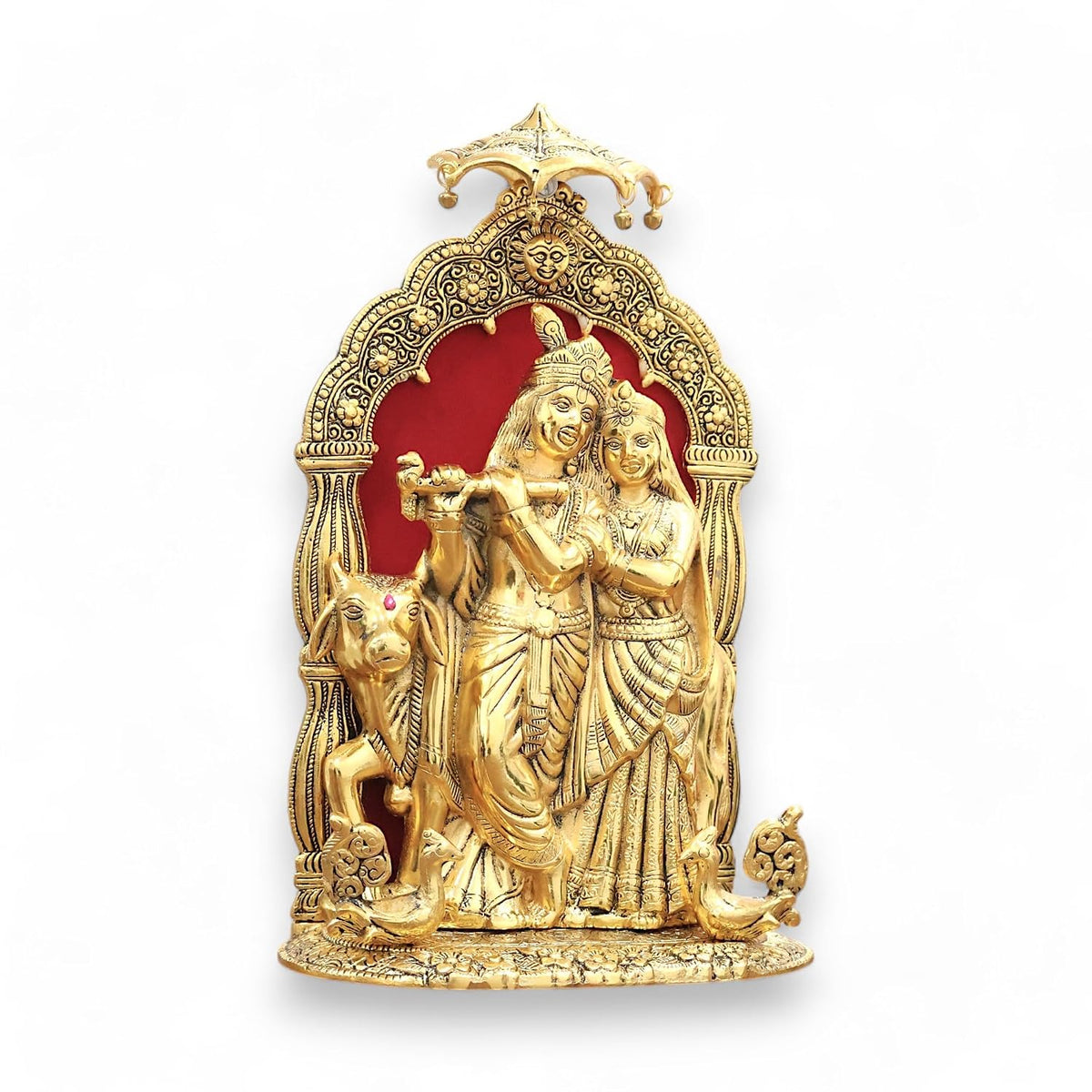 KridayKraft Metal Radha Krishna Idol with Cow Decorative Showpiece Statue for Puja Room Home Office Desk Gift Items Ornate Metal Sculpture of Hindu Deities (Height 33 CM)