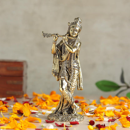 Handcrafted Brass Krishna Murti | Divine Flute-Playing Lord Krishna Idol for Home Temple & Spiritual Decor (Design02: L5 x W4 x H12 cm)