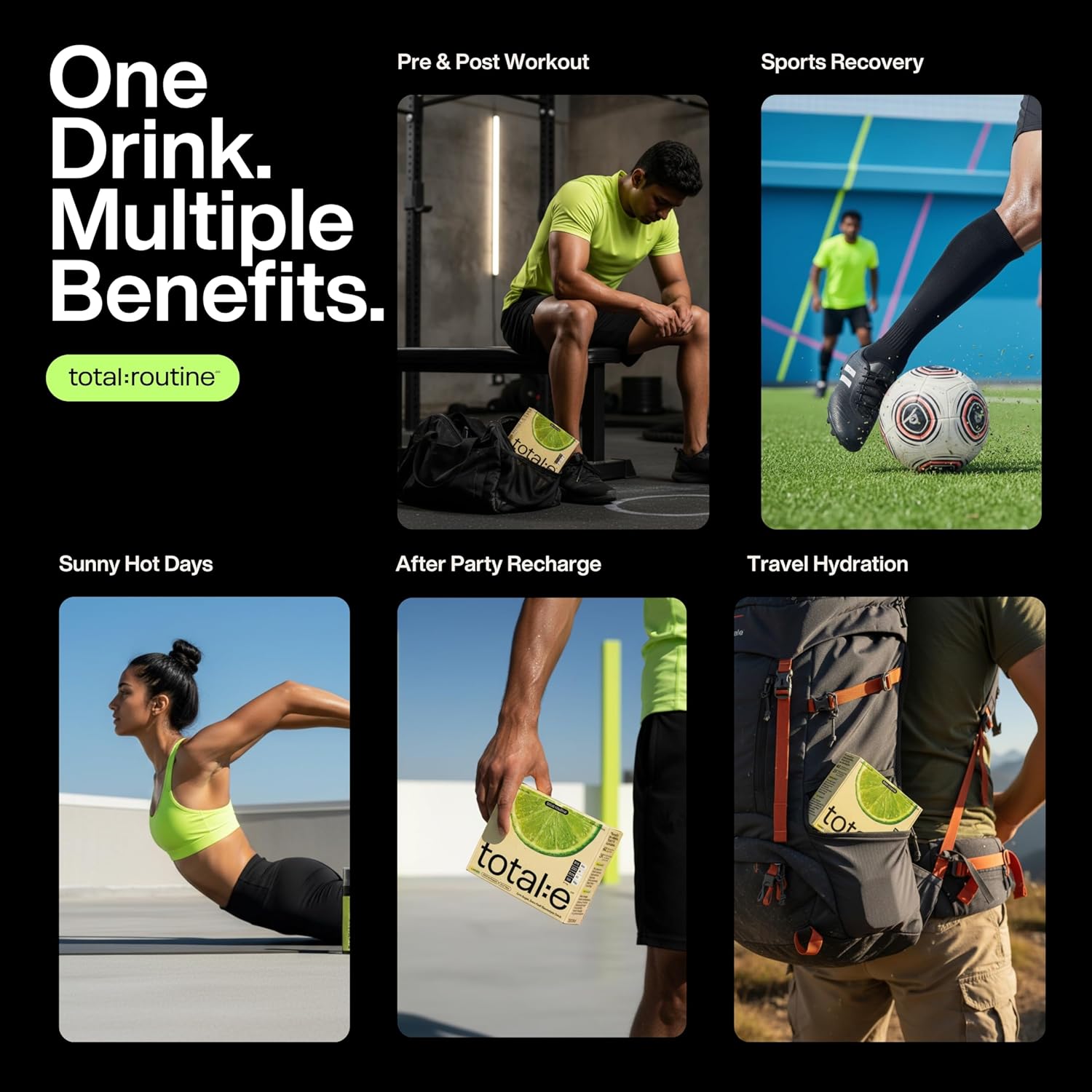 Promotional graphic for a drink with various uses including pre/post workout, sports recovery, and travel hydration.