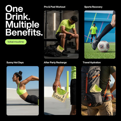 Promotional graphic for a drink with various uses including pre/post workout, sports recovery, and travel hydration.