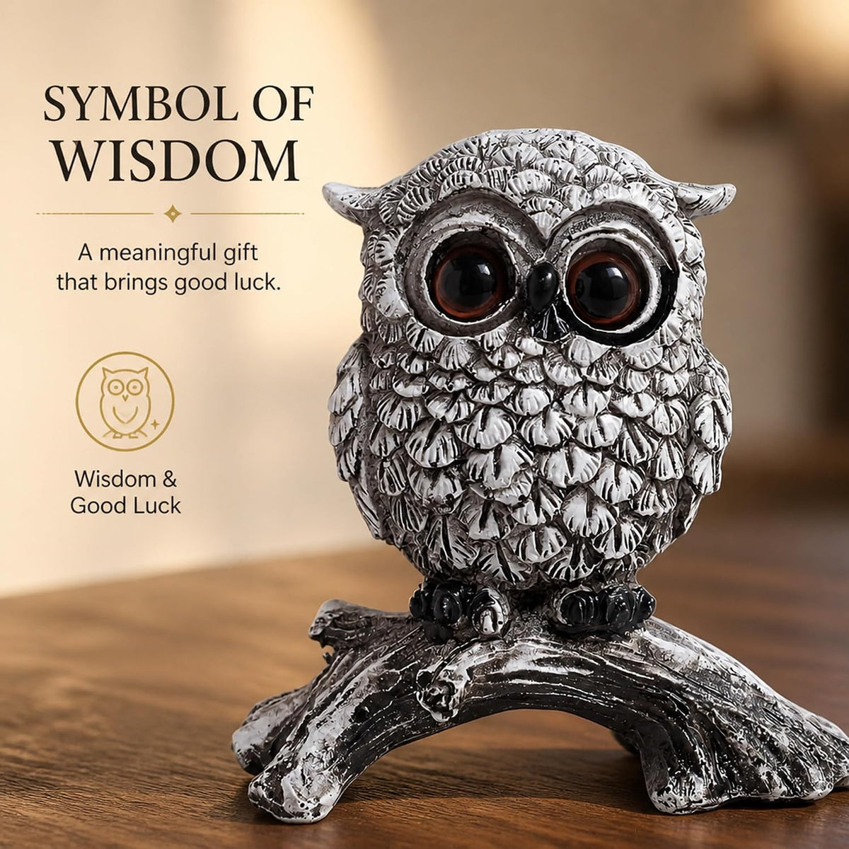 White Owl Figurine on Natural Wood-Look Log, Black & White Owl Statue for Home Office Desk Decor (Small)