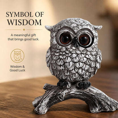 White Owl Figurine on Natural Wood-Look Log, Black & White Owl Statue for Home Office Desk Decor (Small)