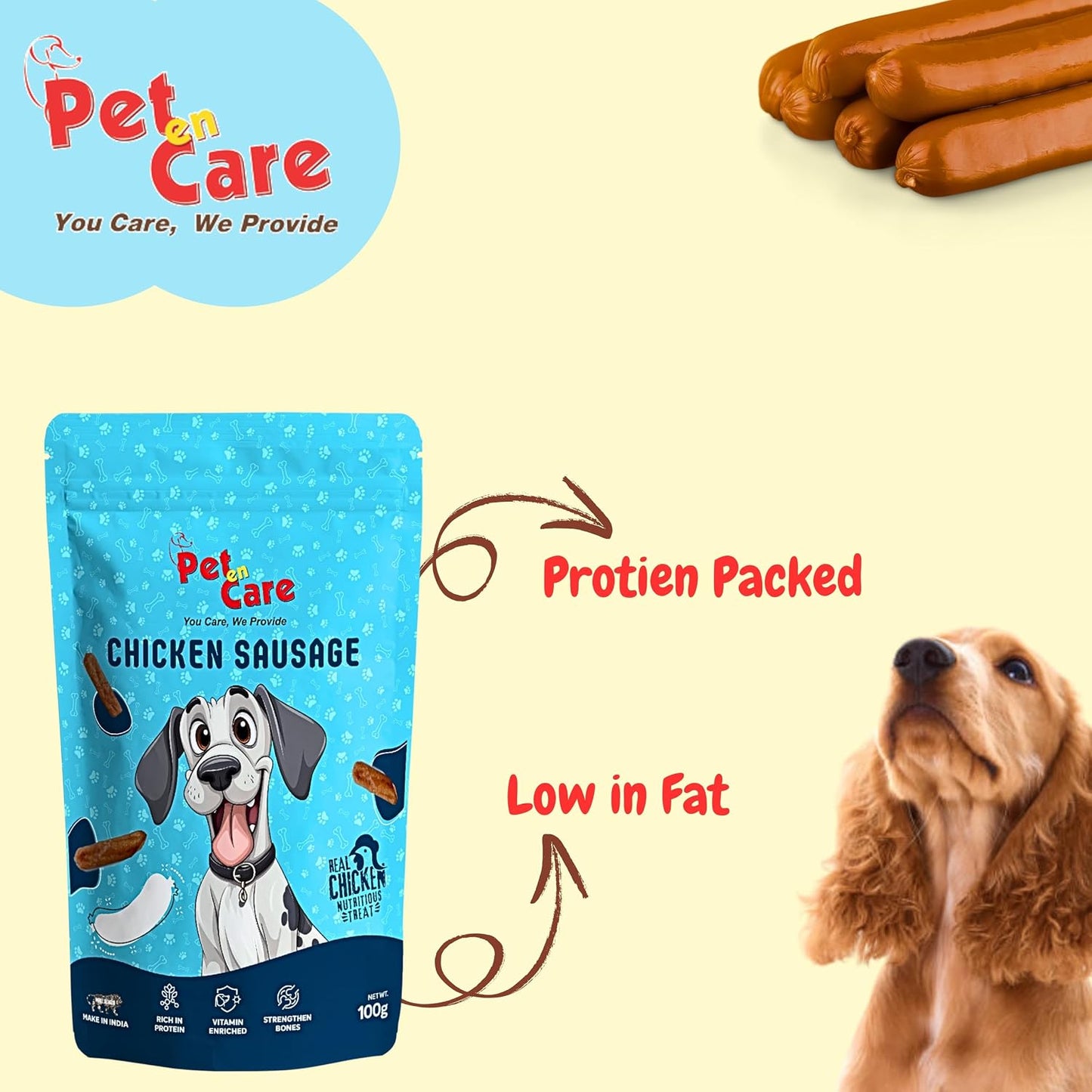 Pet en Care Chicken Sausage Dog Treats, 100g | Real Chicken | Protein Rich | Vitamin Enriched | All Breed and Sizes