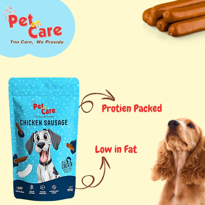 Pet en Care Chicken Sausage Dog Treats, 100g | Real Chicken | Protein Rich | Vitamin Enriched | All Breed and Sizes