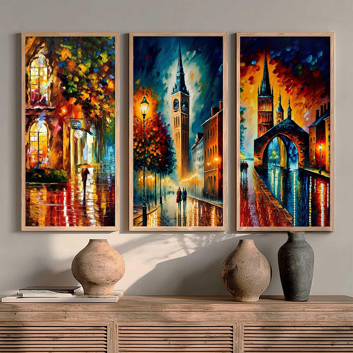 City View Decorative Modern Wall Art Print With Frame Abstract Paintings For Living Room Bed Room Hotel Wall Decor Digital Reprint Engineered Wood Set of 3 (Art 5, 10x19 inch)