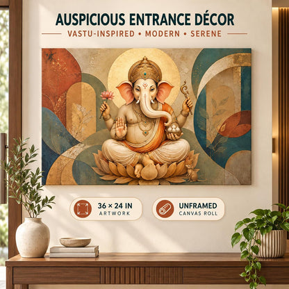 Ganpati Sacred Balance UNFRAMED 36 x 24 Inch Canvas Painting roll, Modern Lord Ganesha Vastu Wall Art, Peaceful Digital Painting for Home, Living Room, Bedroom, Office, Hotels, Artwork for Gifting