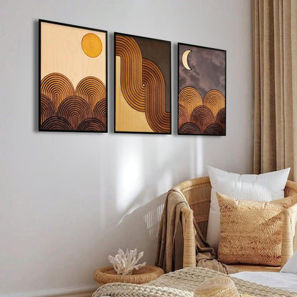 Mid-Century Modern Wall Art Set of 3 - Abstract Geometric Prints for Living Room Decor - Boho Sun and Moon Landscape Art With Frame