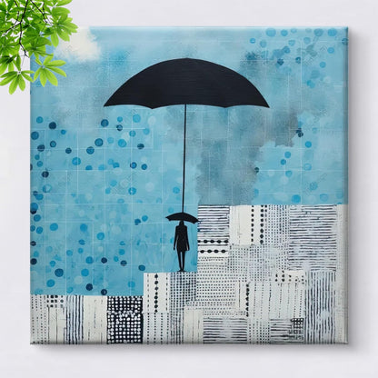 Modern Abstract Wall Art Canvas, Umbrella in Rain Design, Blue and Black, Contemporary Home Decor 16 Inch x 16 Inch CVS-38091