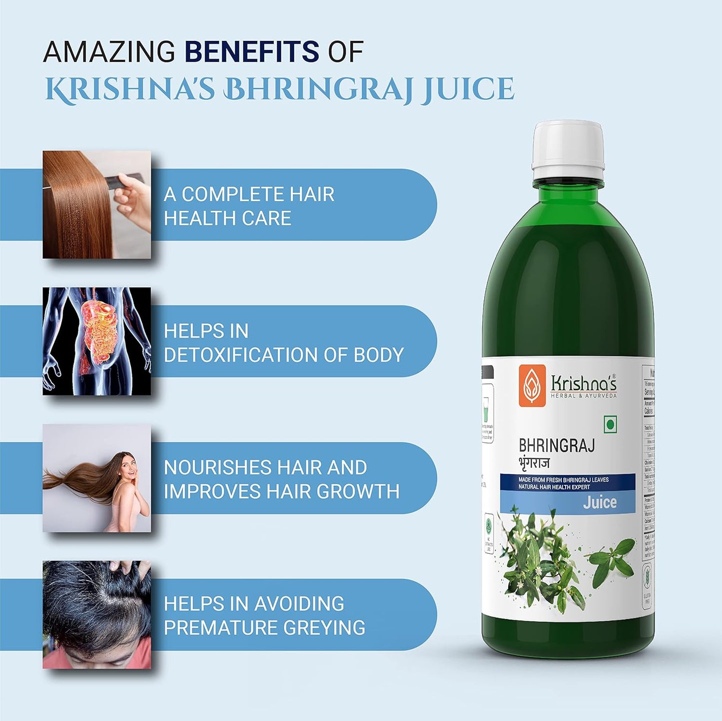 KRISHNA'S HERBAL & AYURVEDA Bhringraj Juice-500 Ml(Pack Of 1)|Preservative Free|Nourishes Hair And Improves Hair Growth