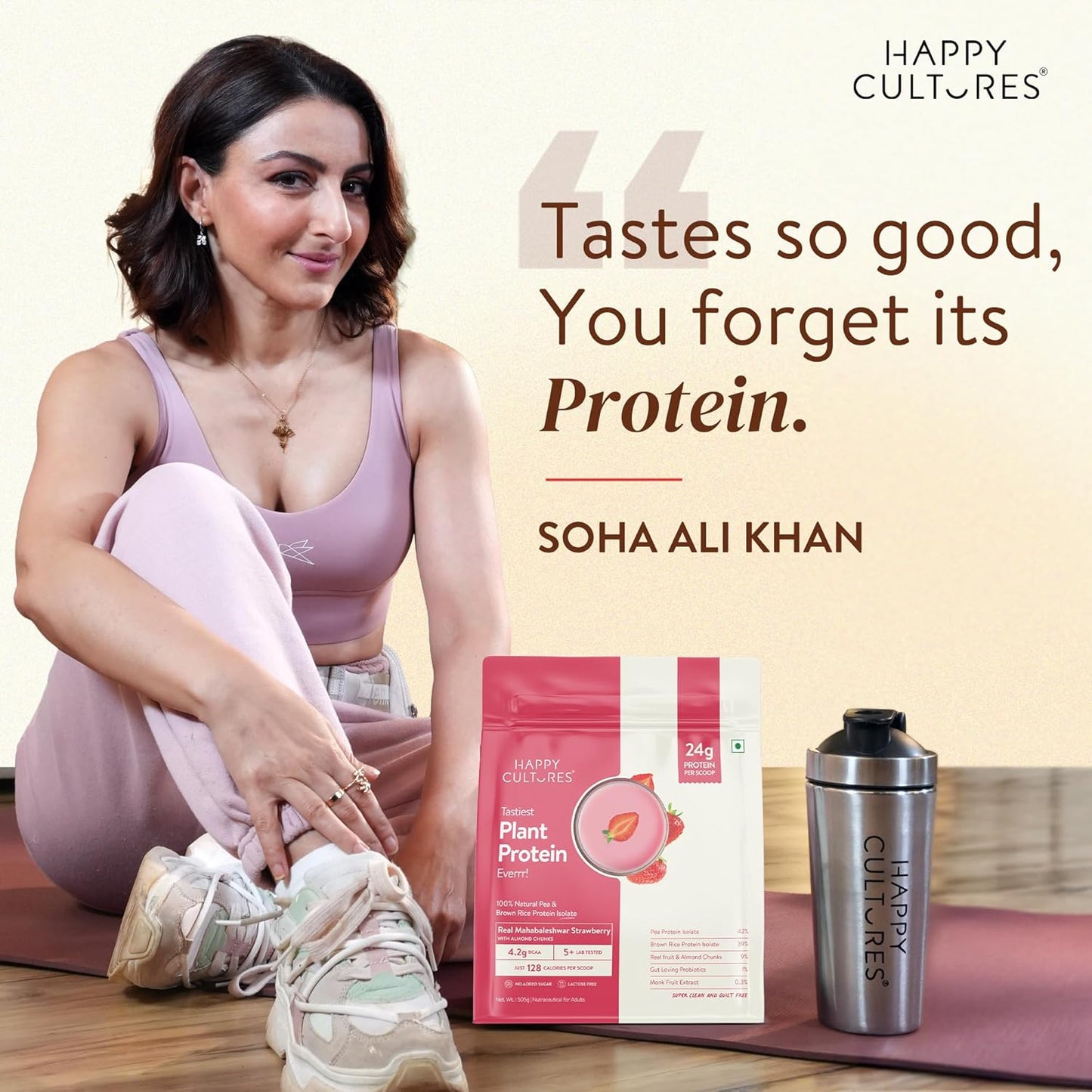 Happy Cultures Plant Protein 505g - Strawberry & Almond | 24g Protein | Vegan | Pea & Brown Rice Protein | No Added Sugar | Dairy Free | Probiotics | Easy Digestion | For Men & Women