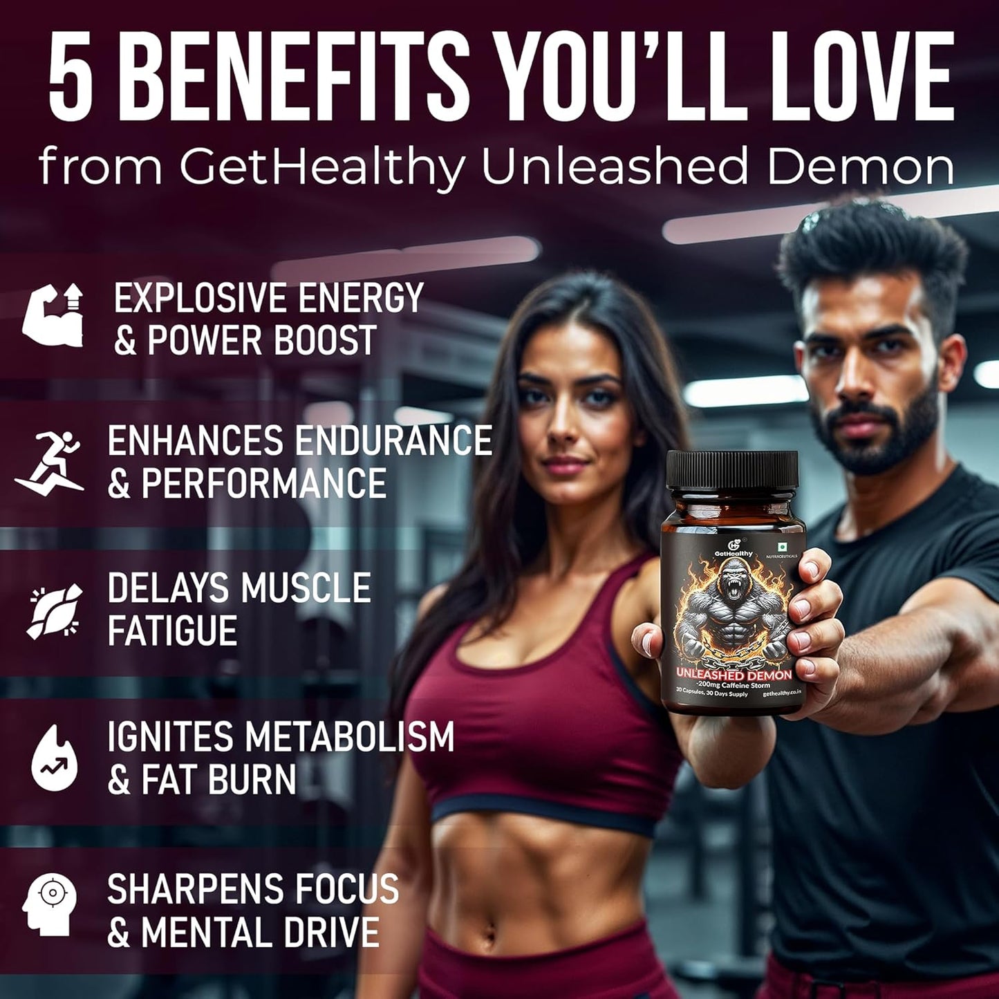 Two people holding a supplement bottle with text about its benefits in a gym setting.