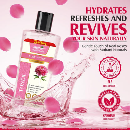 Multani Naturals Rose Water Face Toner 270 ml | For Oily, Acne Prone, Dry Skin | Pore Tightening & Glowing Skin | Fades Blemishes, Brightens & Smoothens | For Women & Men