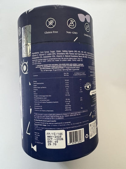 Back view of a blue container with nutritional information and labels on a white background
