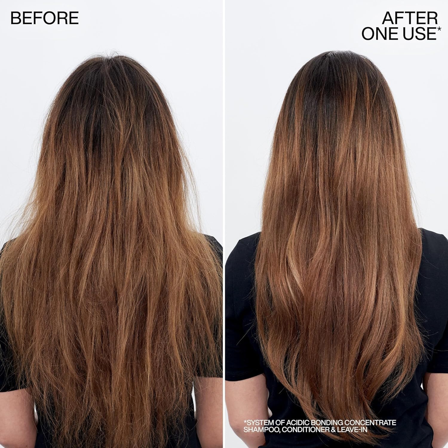 Before and after comparison of hair treatment showing improved hair health.