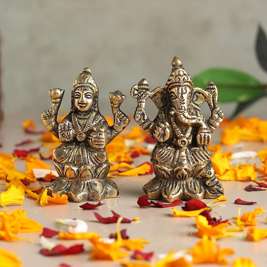 Brass Lakshmi Ganesh Idol Set for Pooja Room | Pure Brass Lakshmi Ganesh Murti for Home | Decorative Statue for Mandir (Design06: L4 x W3 x H6 cm)