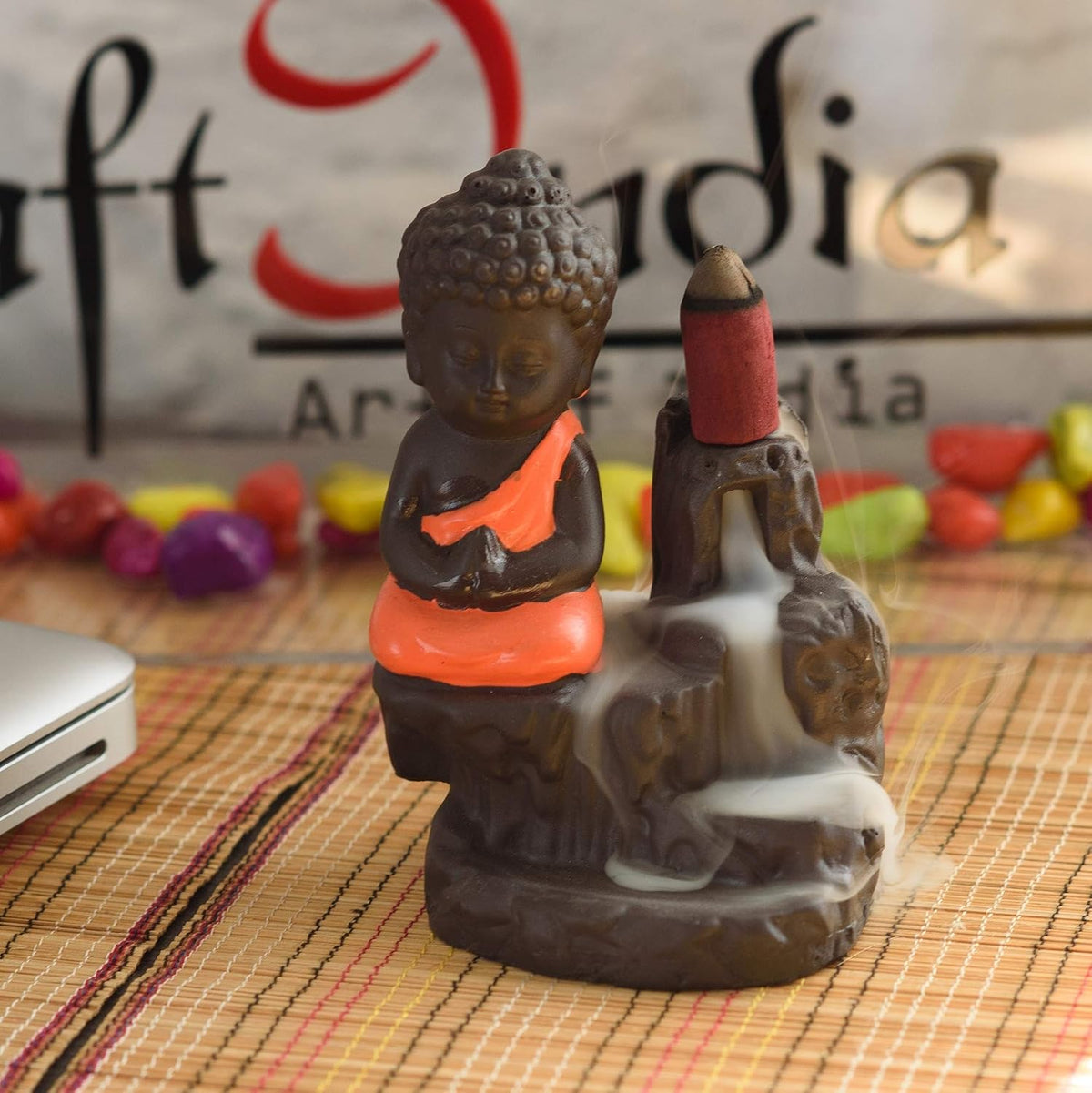 eCraftIndia Meditating Monk Buddha Smoke Backflow Cone Decorative Incense Holder (7 cm x 7 cm x 12, Red)