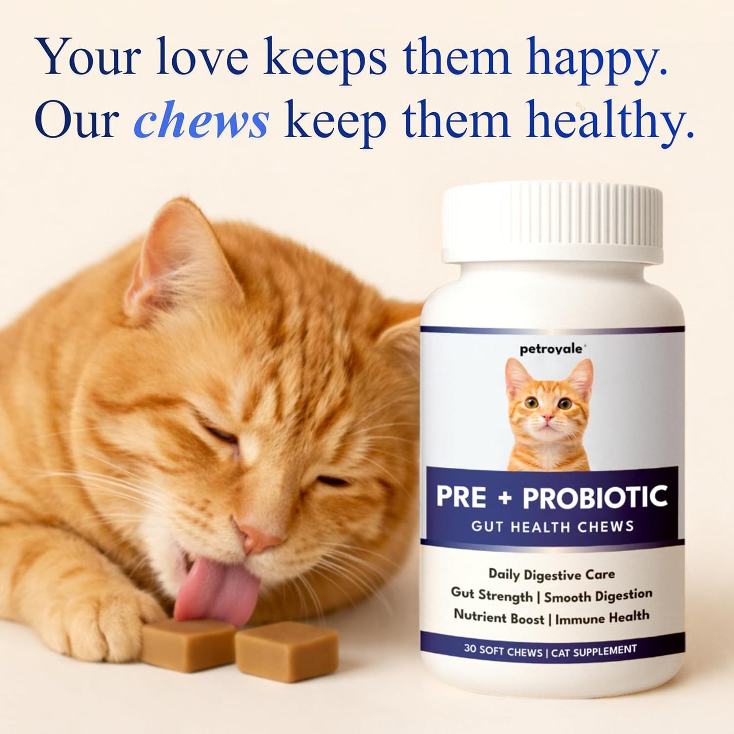 Petroyale Cat Pre + Probiotic & Prebiotic Chews – 9B+ CFU Probiotics for Cats – Cat Gut Health Supplement – Relieves Diarrhea, Improves Digestion & Immunity – Soft 30 Chews