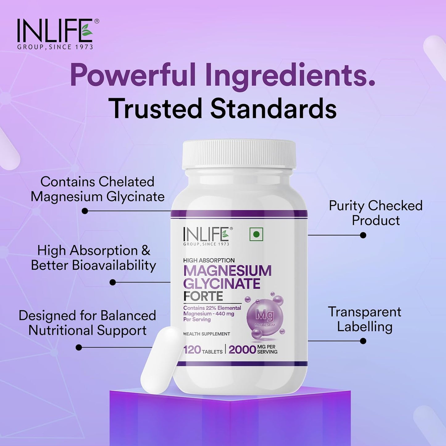 INLIFE Magnesium Glycinate 2000mg | High Absorption Formula | 22% Elemental Magnesium (440mg) | Supports Muscle, Nerve & Bone Health | For Both Men & Women| -120 Tablets (Pack of 1, 120)