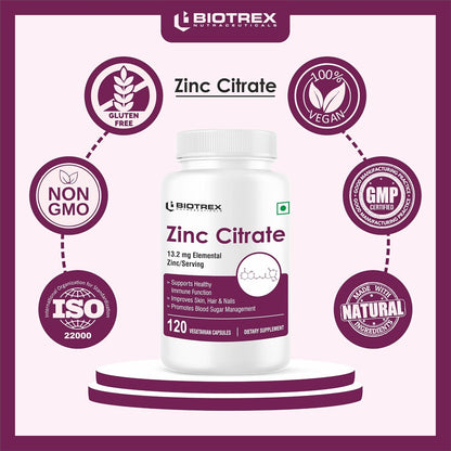 Biotrex Nutraceuticals Zinc Citrate Supplement | Immunity & Growth | Better Immune System & Overall Healing | Well Absorbed Zinc | 120 Veg Capsules