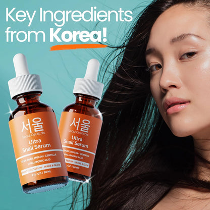 SeoulCeuticals Korean Snail Mucin Serum – 97.5% Snail Serum with Hyaluronic Acid & Centella – Anti Wrinkle & Anti Aging Serum for Face – K Beauty Night Skincare - 30ml