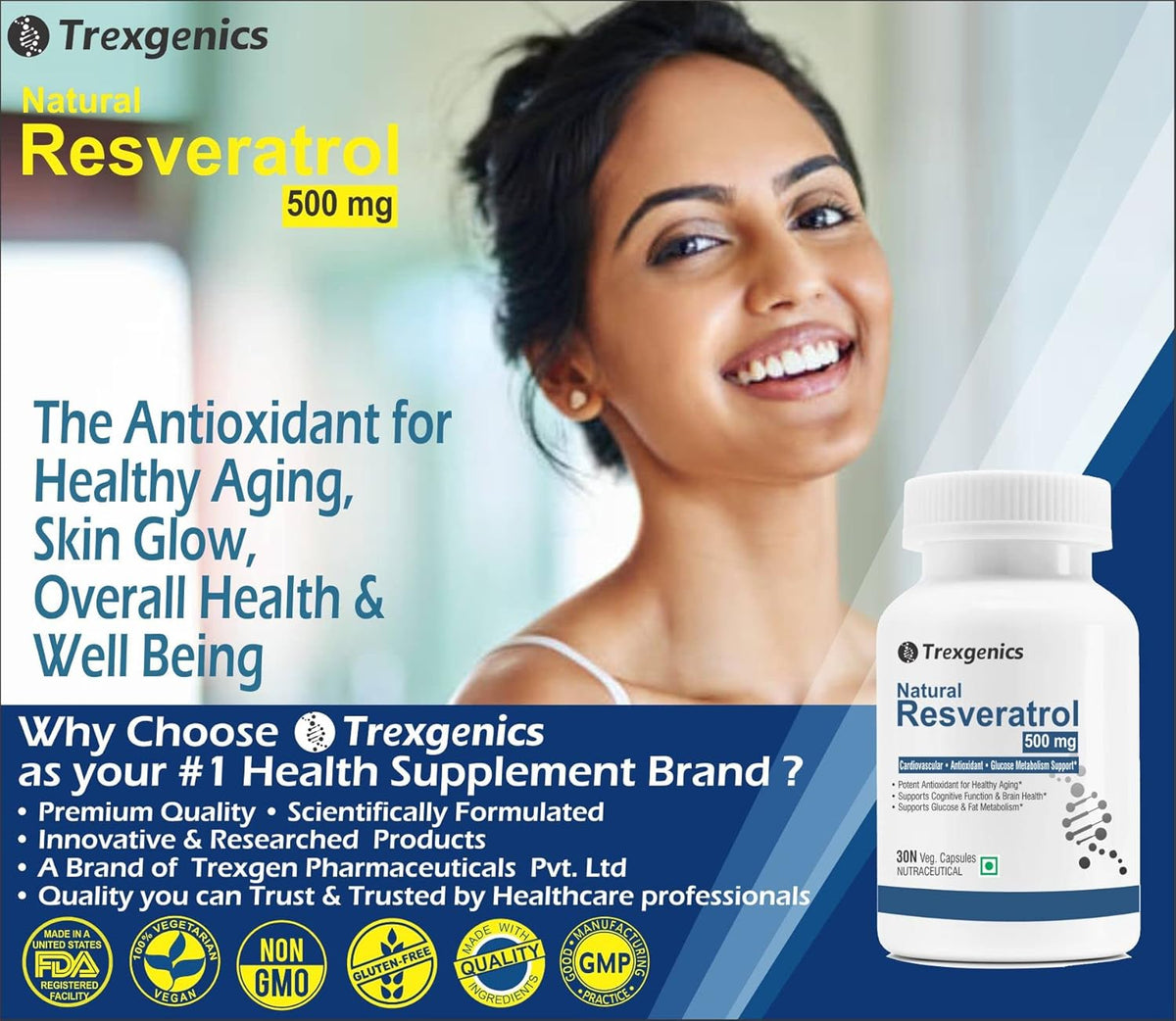 Advertisement for Trexegenics Natural Resveratrol supplement with a woman and product packaging.
