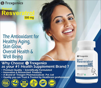 Advertisement for Trexegenics Natural Resveratrol supplement with a woman and product packaging.