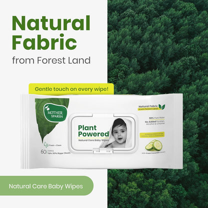 Mother Sparsh Natural Care Baby Wipes I 100% Plant Made Fabric From Forest Land, Fresh + Cleanse (with Cucumber) Plant Powered Wet Wipes For Baby I Cotton Cloth Like Bigger Sheets | 60 Pcs