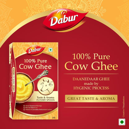 Dabur 100% Pure Cow Ghee - 1l (902g) | Daanedaar with Rich Aroma | Rich in Vitamin A | Provides Energy/Source of Energy