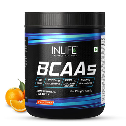 INLIFE BCAA Supplement 7g Amino Acids Instantized for Pre Post & Intra Energy Drink for Workout, 2.5g L-Glutamine,1g Citrulline Malate, 1180mg Electrolytes Powder (Orange, 250g)