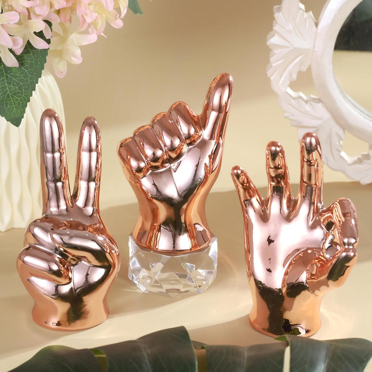 Set of 3 Hand Sign Gesture Showpiece Statue Collectible Figurines (Ceramic, Copper) for Home Decor Living Room Bedroom Wall Shelf Office Table Top Decoration Gifting Items, Religious