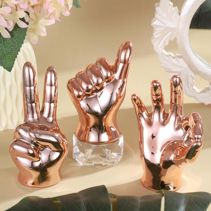 Set of 3 Hand Sign Gesture Showpiece Statue Collectible Figurines (Ceramic, Copper) for Home Decor Living Room Bedroom Wall Shelf Office Table Top Decoration Gifting Items, Religious