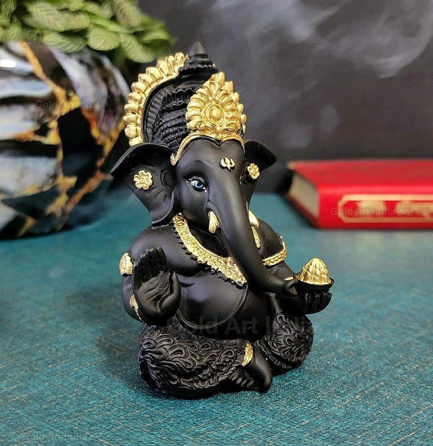 Gold Art India Terracotta Black Ganesh Idol for Car Dashboard Small Ganesha Murti Ganpati Idol for Home Decor Puja Lord Ganesh Statue Gift for Office Desk Puja Room Figurine 3.5 X 2 Inches, Idol