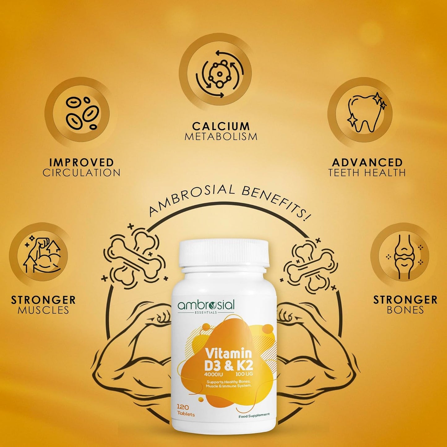 Ambrosial Vitamin D3 & K2 Tablets 4000IU Vitamin D3 + 100µg K2 MK-7 for Healthy Bones, Muscles, and to Support The Immune System - 120 Tablets