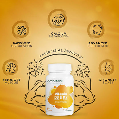 Ambrosial Vitamin D3 & K2 Tablets 4000IU Vitamin D3 + 100µg K2 MK-7 for Healthy Bones, Muscles, and to Support The Immune System - 120 Tablets