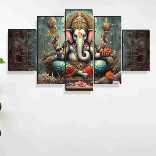 Ganesha Paintings for Wall Decoration - Set Of Five, 3d modern art Painting for Living Room Large Size with Frames for Home Decoration, Hotel, Office 76.2 cm x 45 cm SANFPNLS35467