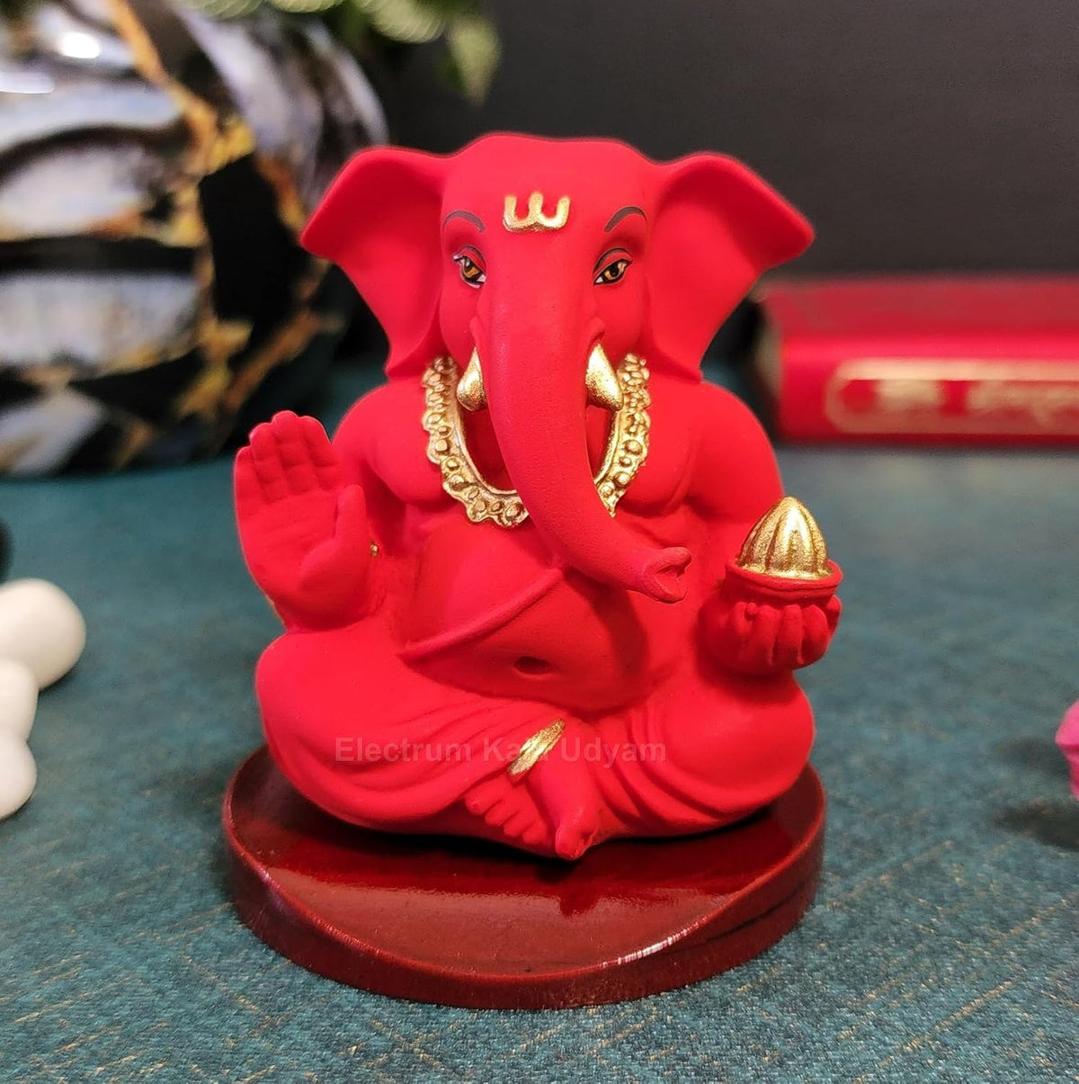 Handcrafted Poly Resin Ganesha Statue with Base - Perfect for Car Dashboard, Office Desk, Shelves, and Home Decor - Ideal Housewarming Gift! (RedAppuwithbase)