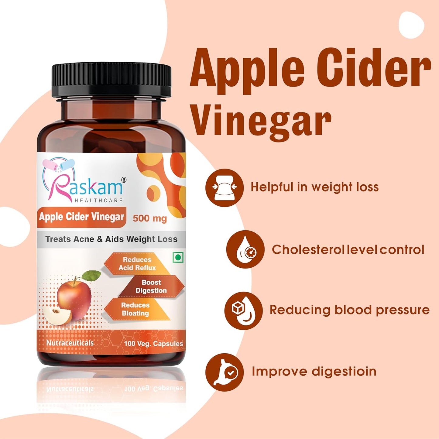 Apple Cider Vinegar 500 mg for Weight Loss management & Gut Health Supplement | Supports Metabolism & Heart Wellness | 100 Veg Capsules