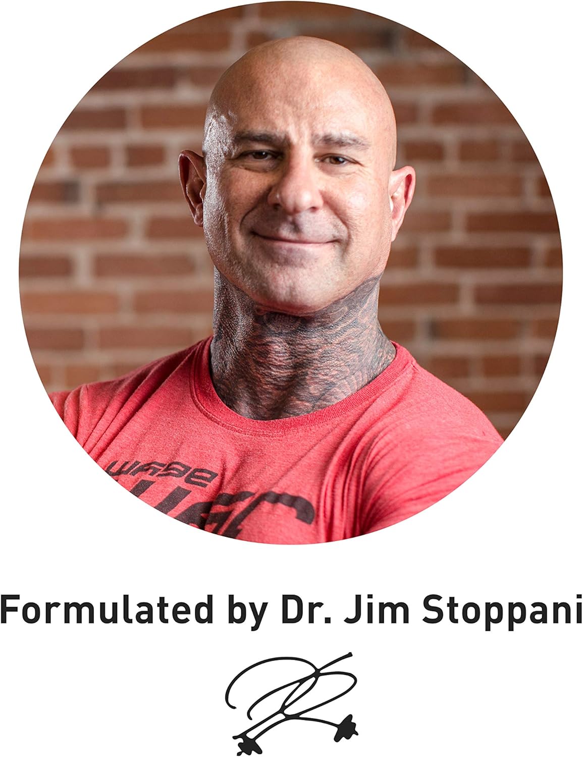 Man wearing a red shirt with a brick wall background, featuring text 'Formulated by Dr. Jim Stoppani'.