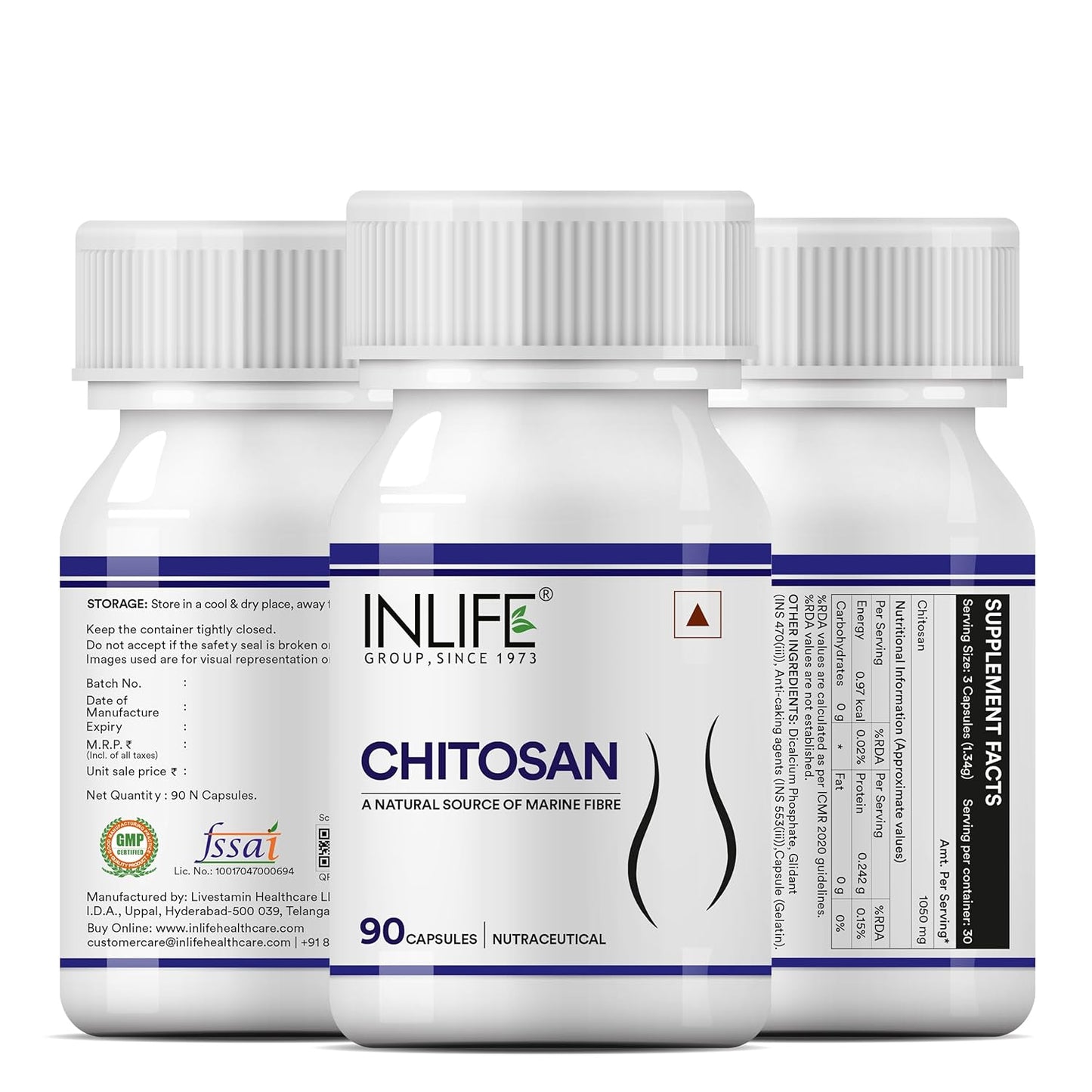 INLIFE Chitosan Supplement 1050 mg, per serving - 90 Capsules (Pack of 1)