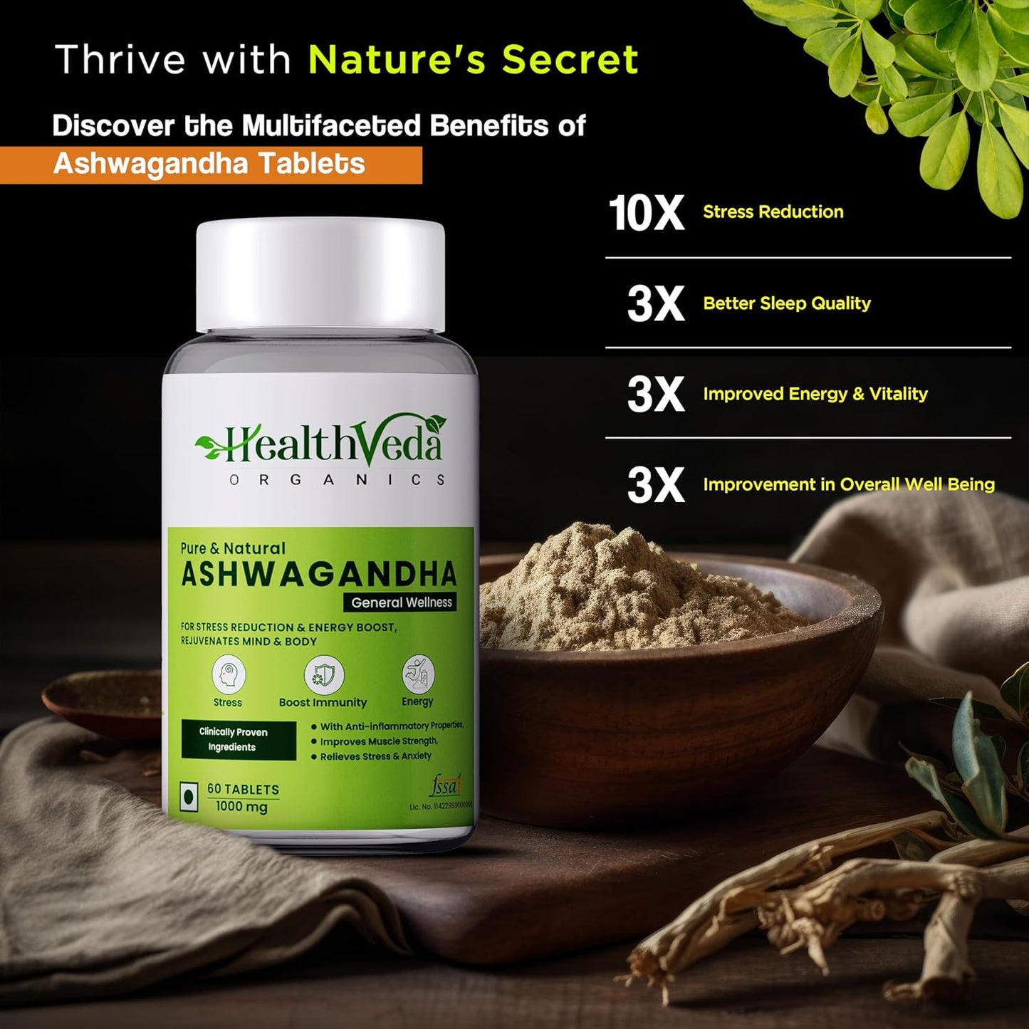 Zephivo HEALTH VEDA ORGANICS PRIVATE LIMITED Ashwagandha 1000Mg | High Strength Potent Formula | Boosts Immunity & Energy | Rejuvenates Mind & Body | 60 Veg Tablets | For Both Men & Women